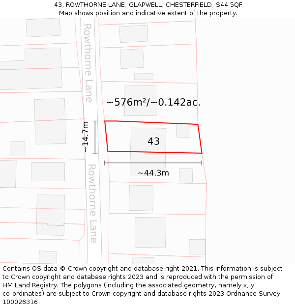 43, ROWTHORNE LANE, GLAPWELL, CHESTERFIELD, S44 5QF: Plot and title map