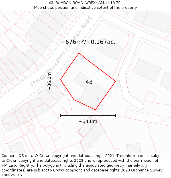 43, RUABON ROAD, WREXHAM, LL13 7PL: Plot and title map