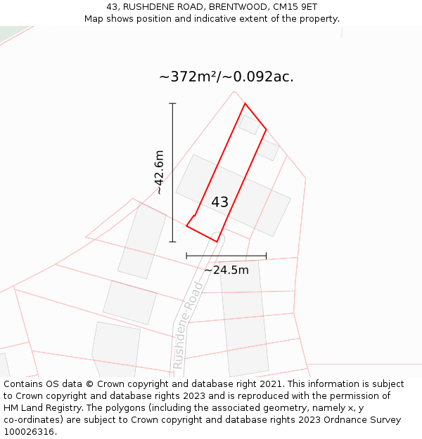 43, RUSHDENE ROAD, BRENTWOOD, CM15 9ET: Plot and title map