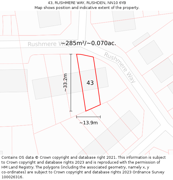 43, RUSHMERE WAY, RUSHDEN, NN10 6YB: Plot and title map