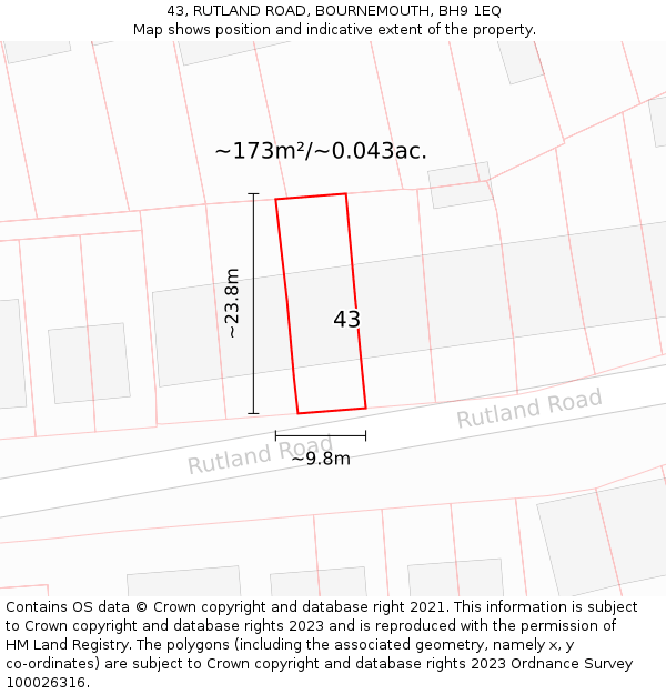 43, RUTLAND ROAD, BOURNEMOUTH, BH9 1EQ: Plot and title map