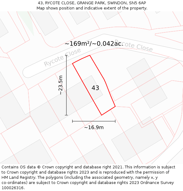 43, RYCOTE CLOSE, GRANGE PARK, SWINDON, SN5 6AP: Plot and title map