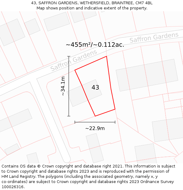 43, SAFFRON GARDENS, WETHERSFIELD, BRAINTREE, CM7 4BL: Plot and title map