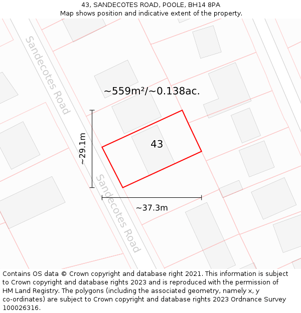 43, SANDECOTES ROAD, POOLE, BH14 8PA: Plot and title map