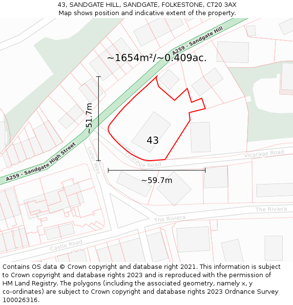 43, SANDGATE HILL, SANDGATE, FOLKESTONE, CT20 3AX: Plot and title map