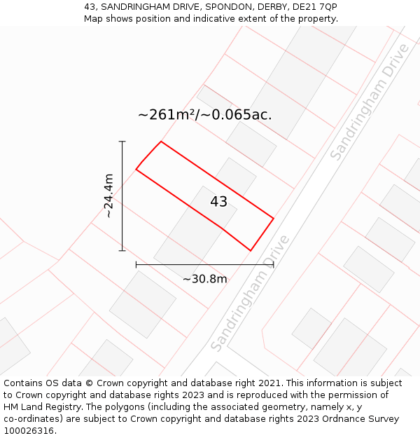 43, SANDRINGHAM DRIVE, SPONDON, DERBY, DE21 7QP: Plot and title map
