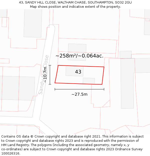 43, SANDY HILL CLOSE, WALTHAM CHASE, SOUTHAMPTON, SO32 2GU: Plot and title map
