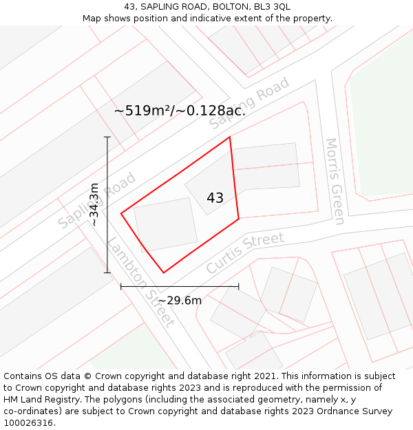 43, SAPLING ROAD, BOLTON, BL3 3QL: Plot and title map