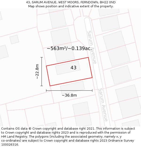 43, SARUM AVENUE, WEST MOORS, FERNDOWN, BH22 0ND: Plot and title map