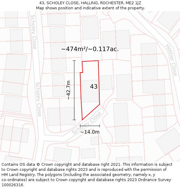43, SCHOLEY CLOSE, HALLING, ROCHESTER, ME2 1JZ: Plot and title map