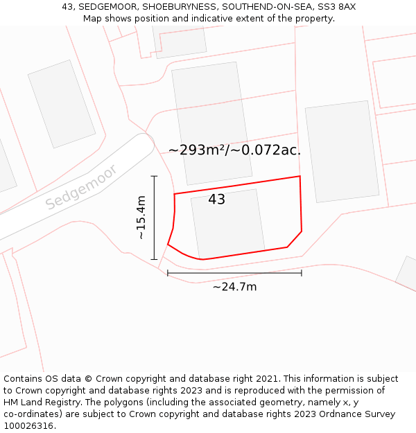 43, SEDGEMOOR, SHOEBURYNESS, SOUTHEND-ON-SEA, SS3 8AX: Plot and title map