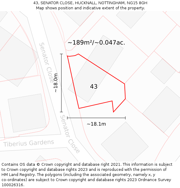 43, SENATOR CLOSE, HUCKNALL, NOTTINGHAM, NG15 8GH: Plot and title map