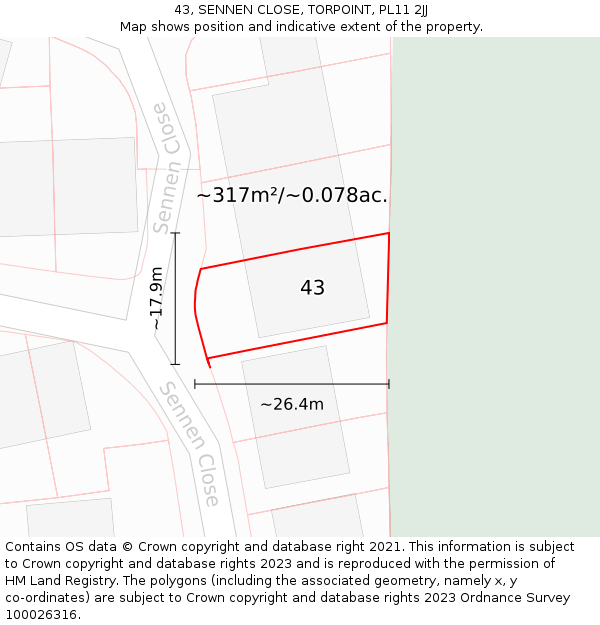 43, SENNEN CLOSE, TORPOINT, PL11 2JJ: Plot and title map