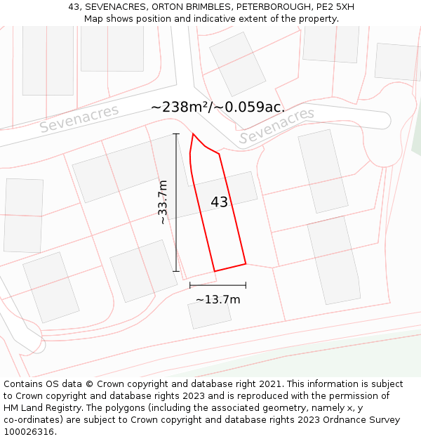 43, SEVENACRES, ORTON BRIMBLES, PETERBOROUGH, PE2 5XH: Plot and title map