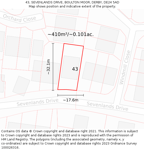 43, SEVENLANDS DRIVE, BOULTON MOOR, DERBY, DE24 5AD: Plot and title map