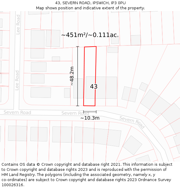 43, SEVERN ROAD, IPSWICH, IP3 0PU: Plot and title map