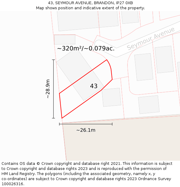 43, SEYMOUR AVENUE, BRANDON, IP27 0XB: Plot and title map