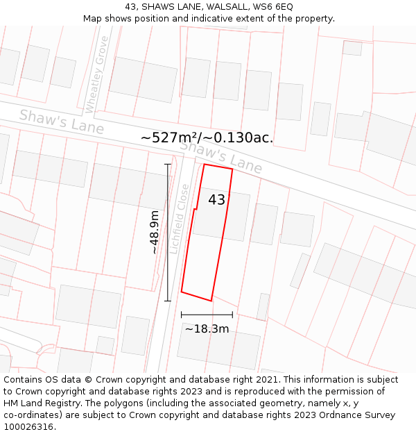 43, SHAWS LANE, WALSALL, WS6 6EQ: Plot and title map