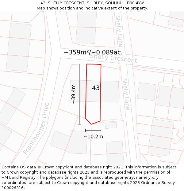 43, SHELLY CRESCENT, SHIRLEY, SOLIHULL, B90 4YW: Plot and title map