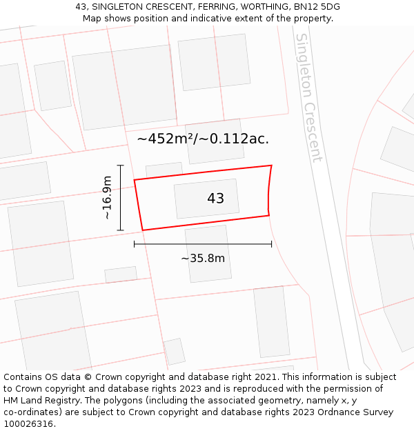 43, SINGLETON CRESCENT, FERRING, WORTHING, BN12 5DG: Plot and title map