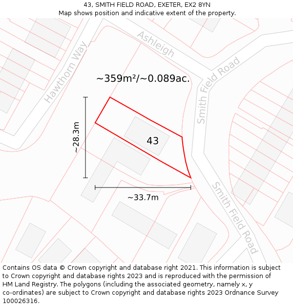 43, SMITH FIELD ROAD, EXETER, EX2 8YN: Plot and title map