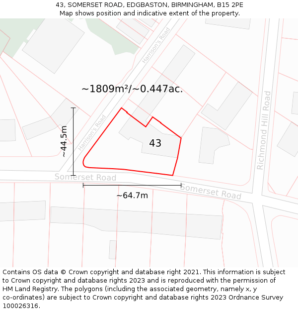 43, SOMERSET ROAD, EDGBASTON, BIRMINGHAM, B15 2PE: Plot and title map