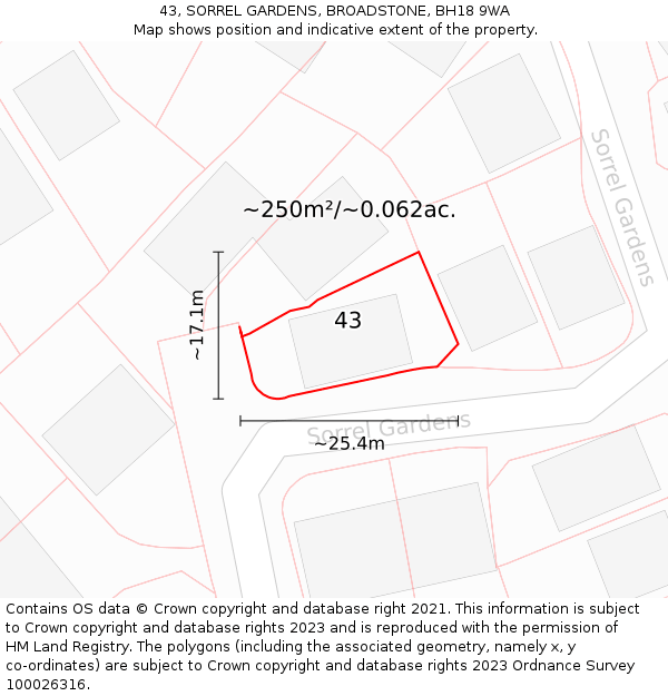 43, SORREL GARDENS, BROADSTONE, BH18 9WA: Plot and title map