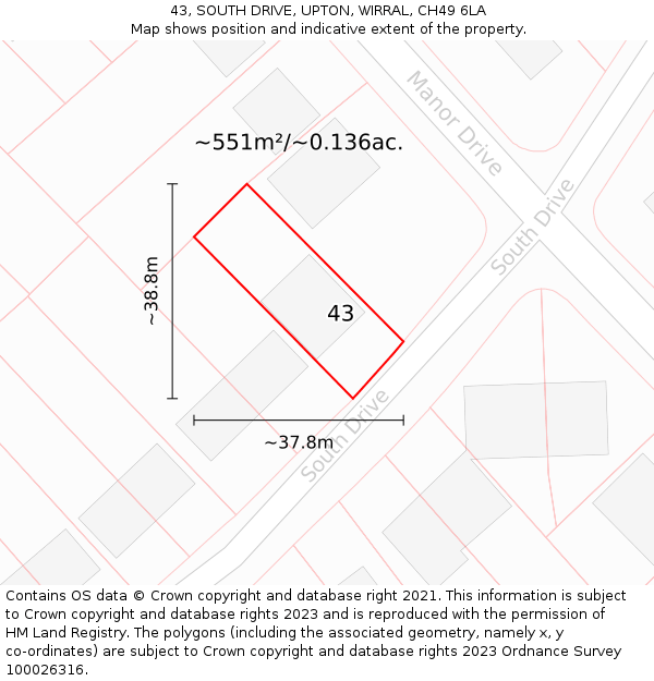43, SOUTH DRIVE, UPTON, WIRRAL, CH49 6LA: Plot and title map