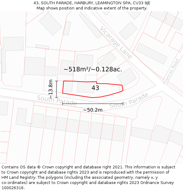 43, SOUTH PARADE, HARBURY, LEAMINGTON SPA, CV33 9JE: Plot and title map