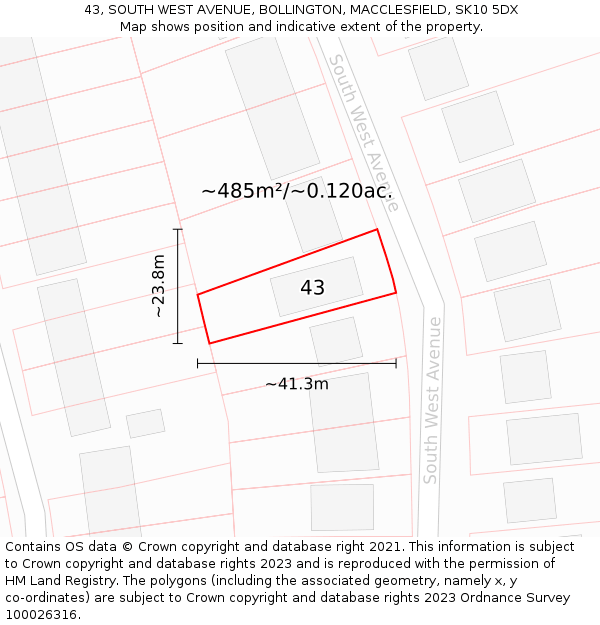 43, SOUTH WEST AVENUE, BOLLINGTON, MACCLESFIELD, SK10 5DX: Plot and title map