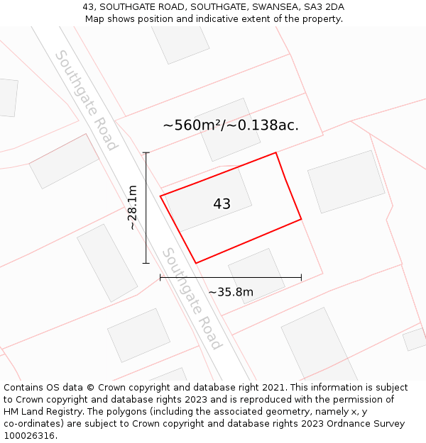 43, SOUTHGATE ROAD, SOUTHGATE, SWANSEA, SA3 2DA: Plot and title map