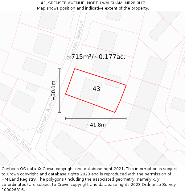 43, SPENSER AVENUE, NORTH WALSHAM, NR28 9HZ: Plot and title map