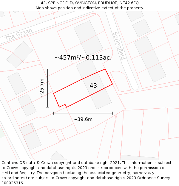 43, SPRINGFIELD, OVINGTON, PRUDHOE, NE42 6EQ: Plot and title map