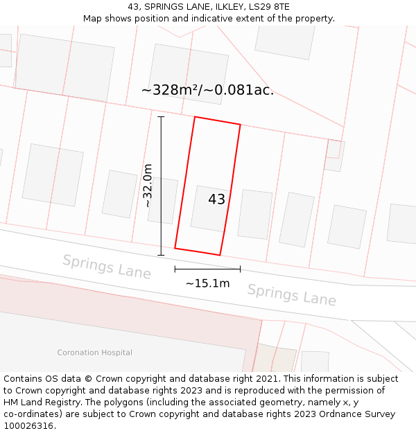 43, SPRINGS LANE, ILKLEY, LS29 8TE: Plot and title map