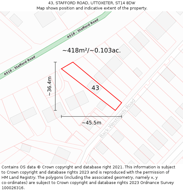 43, STAFFORD ROAD, UTTOXETER, ST14 8DW: Plot and title map