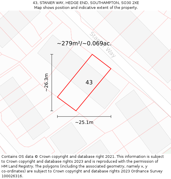 43, STANIER WAY, HEDGE END, SOUTHAMPTON, SO30 2XE: Plot and title map