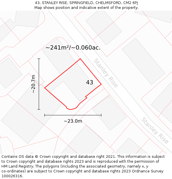 43, STANLEY RISE, SPRINGFIELD, CHELMSFORD, CM2 6PJ: Plot and title map