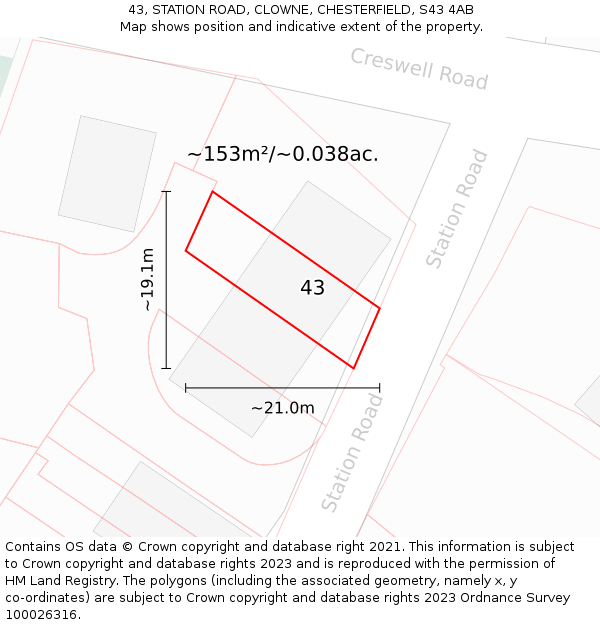 43, STATION ROAD, CLOWNE, CHESTERFIELD, S43 4AB: Plot and title map
