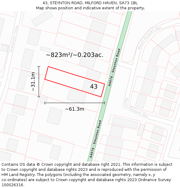 43, STEYNTON ROAD, MILFORD HAVEN, SA73 1BL: Plot and title map