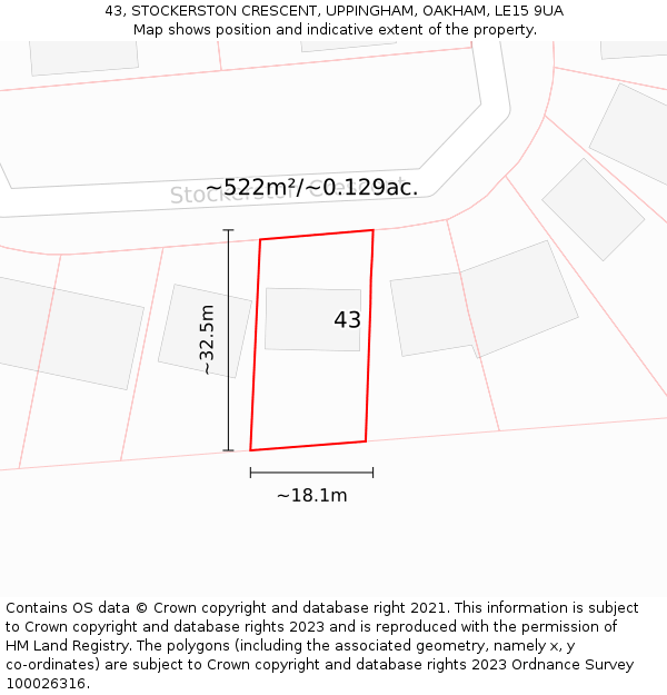 43, STOCKERSTON CRESCENT, UPPINGHAM, OAKHAM, LE15 9UA: Plot and title map