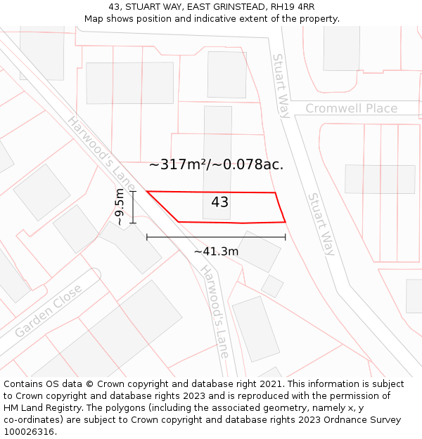 43, STUART WAY, EAST GRINSTEAD, RH19 4RR: Plot and title map