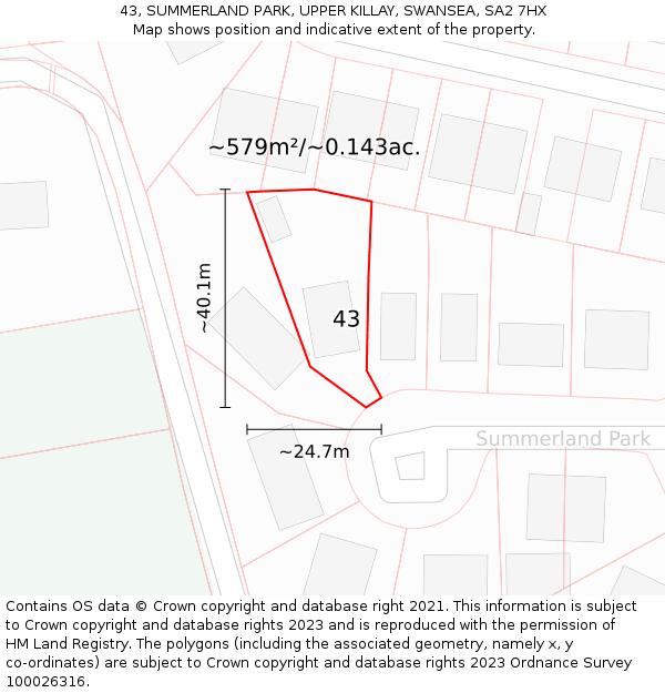 43, SUMMERLAND PARK, UPPER KILLAY, SWANSEA, SA2 7HX: Plot and title map