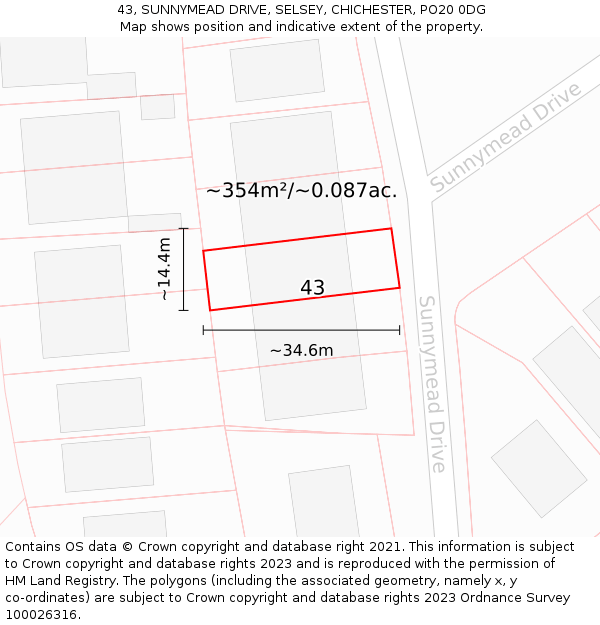 43, SUNNYMEAD DRIVE, SELSEY, CHICHESTER, PO20 0DG: Plot and title map