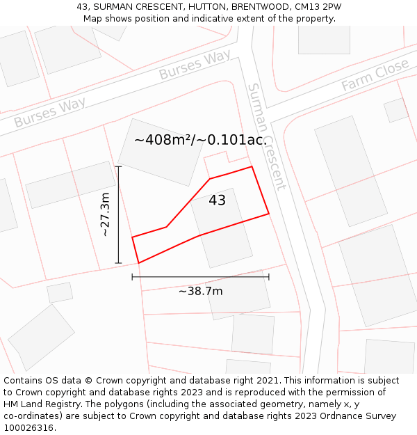 43, SURMAN CRESCENT, HUTTON, BRENTWOOD, CM13 2PW: Plot and title map