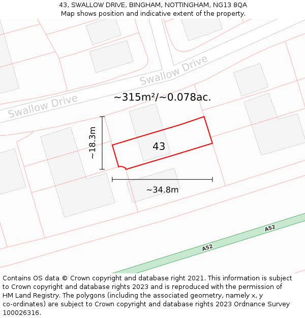 43, SWALLOW DRIVE, BINGHAM, NOTTINGHAM, NG13 8QA: Plot and title map