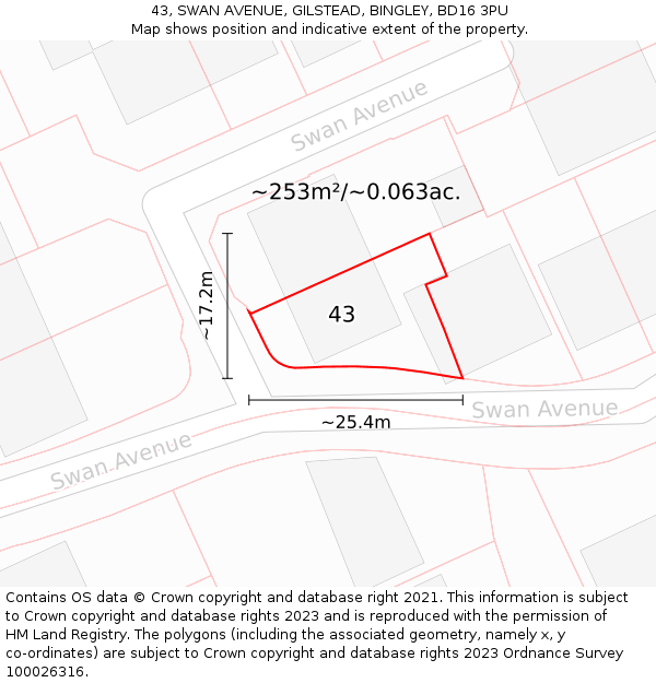 43, SWAN AVENUE, GILSTEAD, BINGLEY, BD16 3PU: Plot and title map