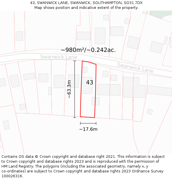 43, SWANWICK LANE, SWANWICK, SOUTHAMPTON, SO31 7DX: Plot and title map