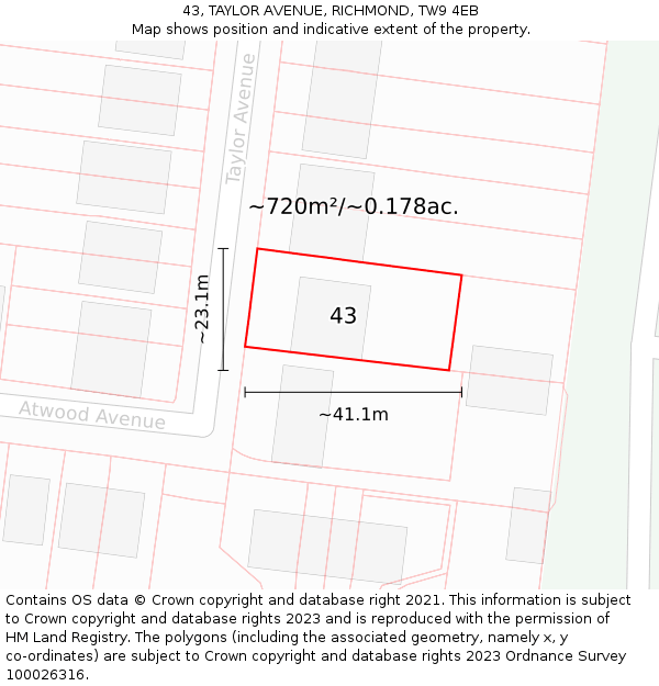 43, TAYLOR AVENUE, RICHMOND, TW9 4EB: Plot and title map