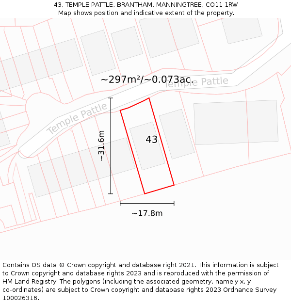 43, TEMPLE PATTLE, BRANTHAM, MANNINGTREE, CO11 1RW: Plot and title map