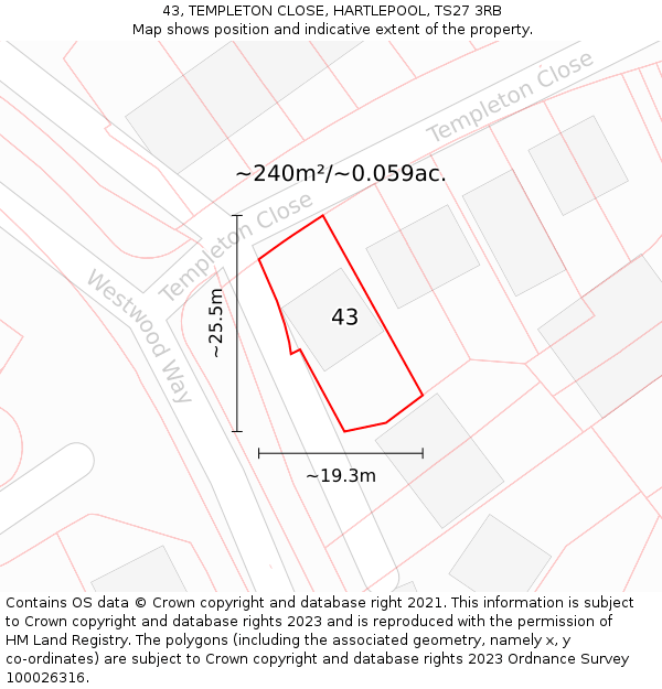 43, TEMPLETON CLOSE, HARTLEPOOL, TS27 3RB: Plot and title map